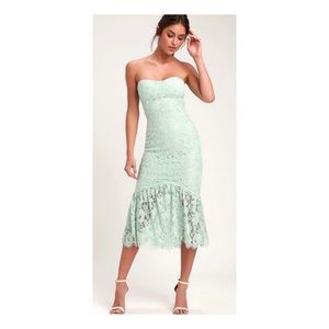 Divine Nights Mint Green Lace Strapless Midi Dress